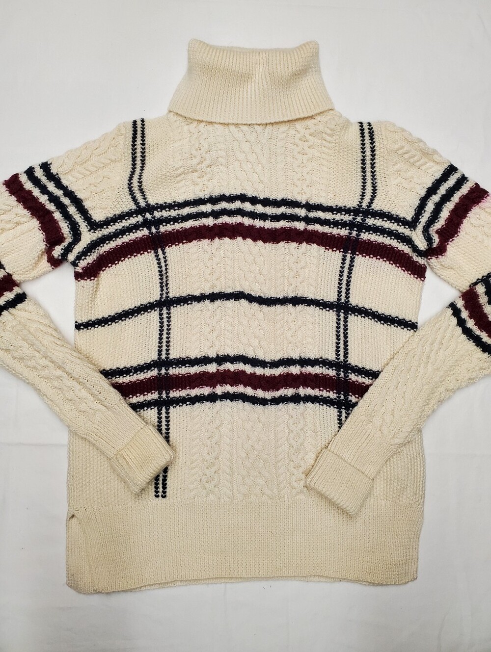 Joie Cream Cable Knit Turtleneck Sweater Navy Burgundy Plaid Stripe Sz S